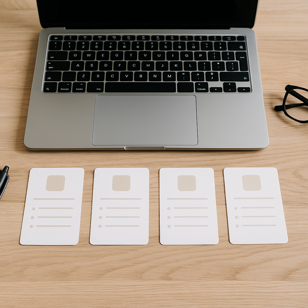 ノートPC前に比較カードが並ぶ俯瞰写真（サービス比較／文字なし）