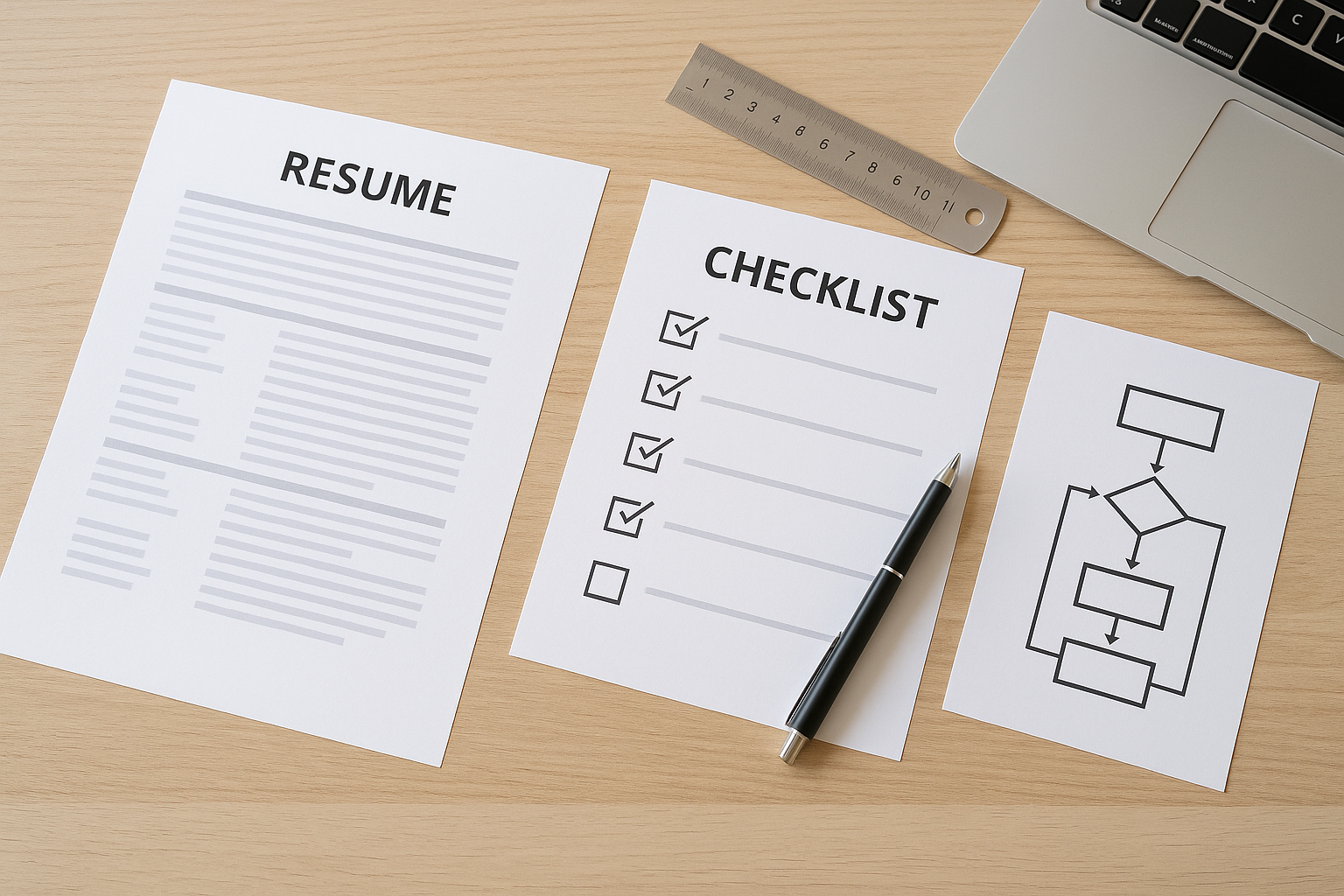 履歴書・チェックマーク・フローチャートの俯瞰写真（職務設計／文字なし）