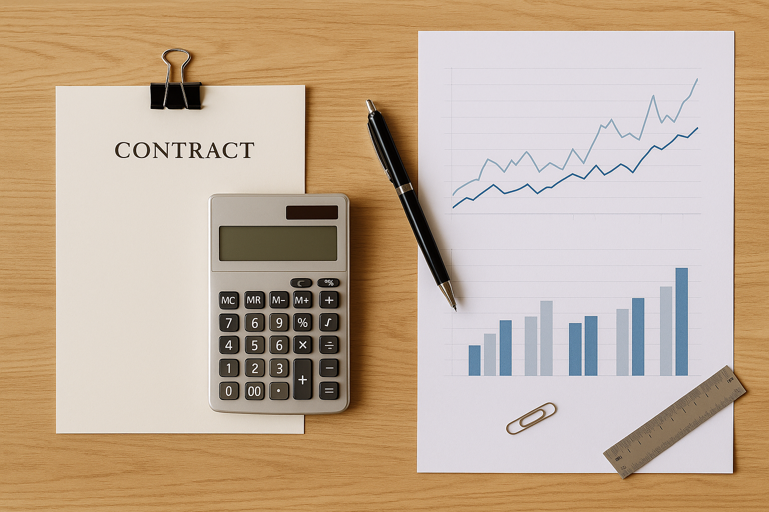 電卓・契約書・グラフの俯瞰写真（年収交渉／文字なし）