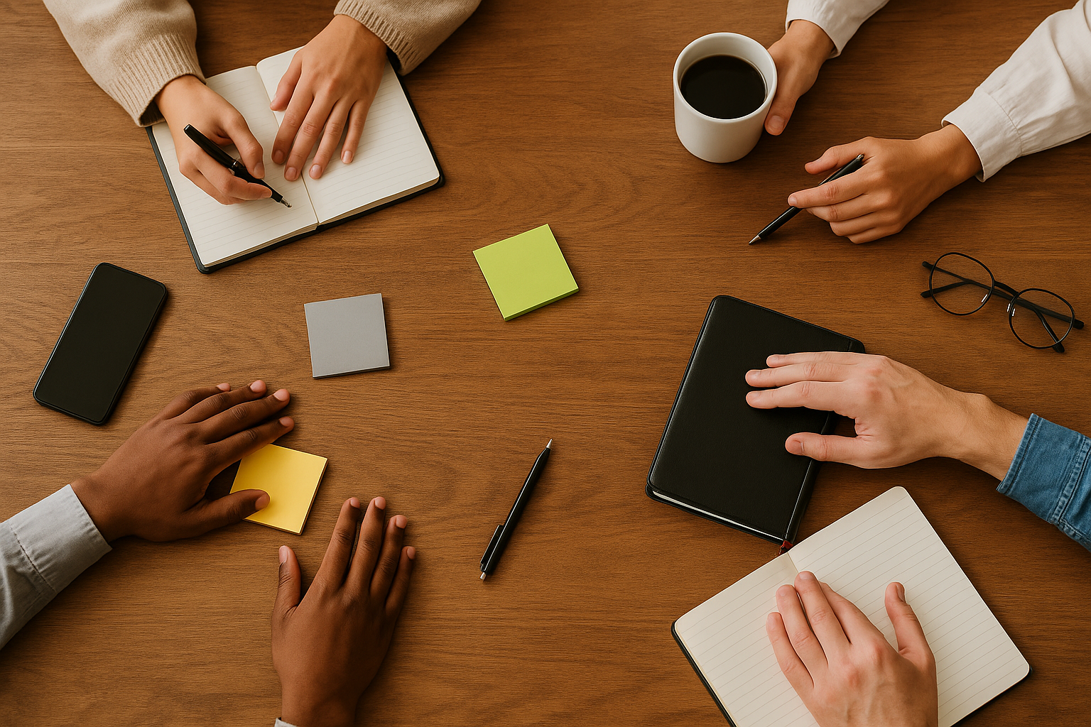 複数の人の手元と小物が並ぶテーブルの俯瞰写真（多様なケースに寄り添う／文字なし）