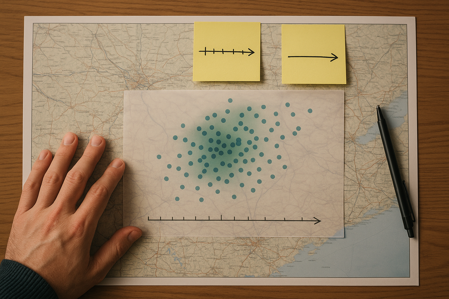 “生の声の地図”を象徴する俯瞰ワークスペース：紙の地図と付箋、ノートPC、ペン――『点ではなく分布で読む』のイメージ（6:4 横長）
