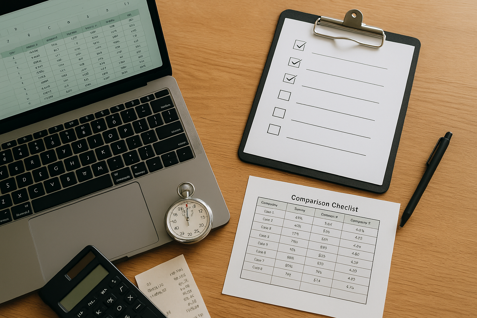 料金と権利の考え方を象徴する俯瞰ワークスペース：比較用スプレッドシートのノートPC、チェックリストのクリップボード、アナログストップウォッチ、電卓とレシート（6:4 横長）
