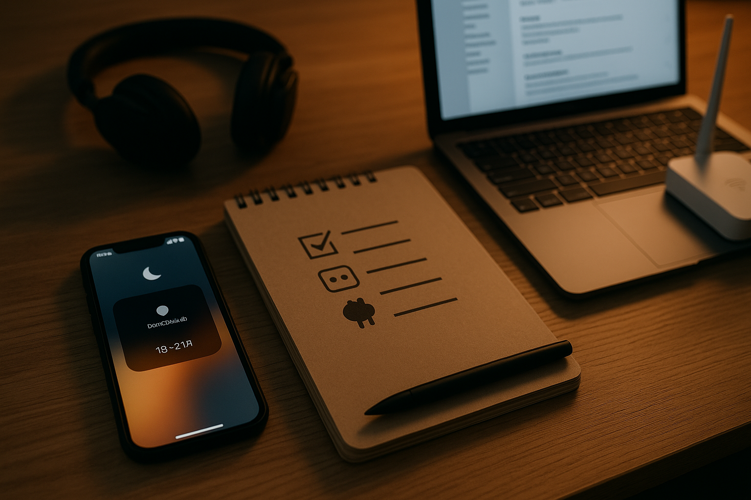 最初の10分の安全設定：通知窓のメモ、ロック画面非表示のスマホ、私物スマホと職場PCの分離を示すワークスペース（6:4 横長）