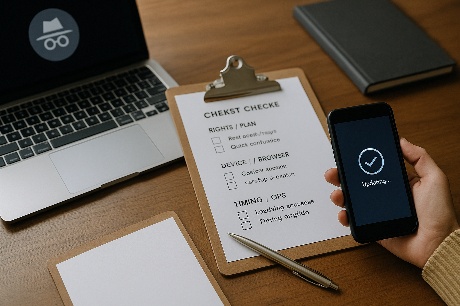 “見れない”を直す三階建てチェックリストを象徴するワークスペース：シークレット表示のノートPC、チェックリストのクリップボード、更新中のスマホ（6:4 横長）
