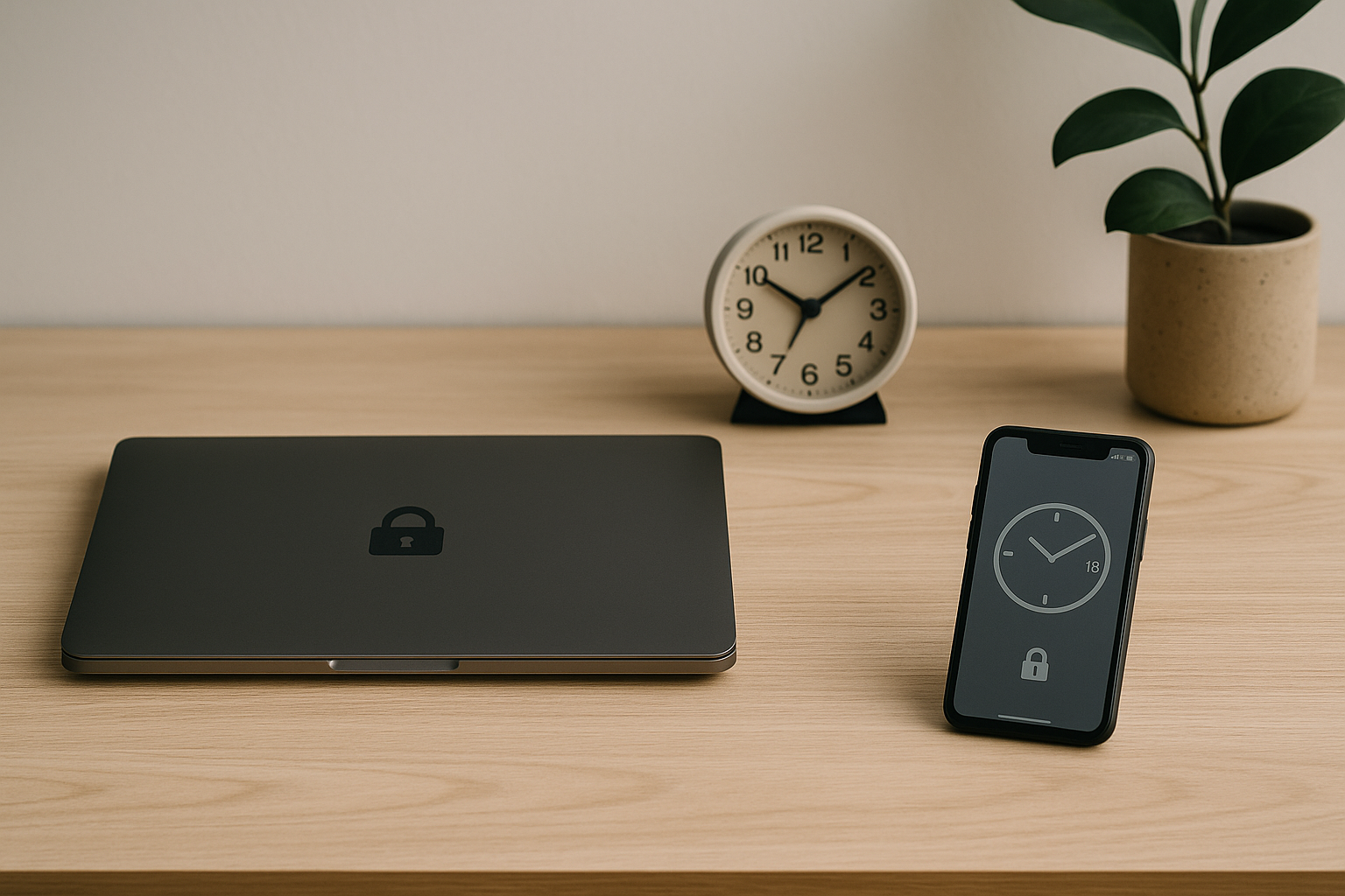 “ばれる？”を防ぐ三重ガード：端末分離・通知非表示・プロフィールのにおい消しを示す俯瞰ワークスペース（6:4 横長）