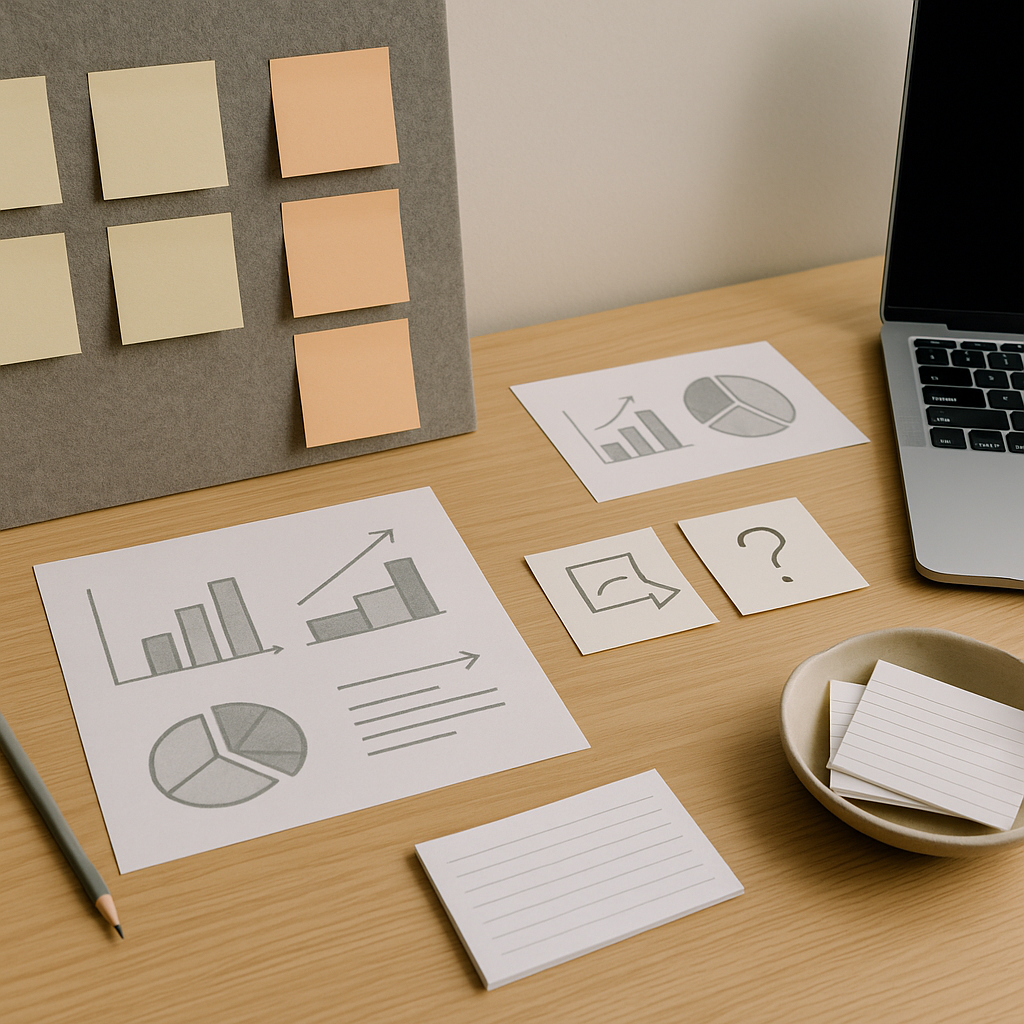 “読む技術”を象徴する俯瞰ワークスペース：付箋とノートで感情語/事実語を仕分け、矛盾を分解し、逆質問カードに翻訳する様子（6:4 横長）