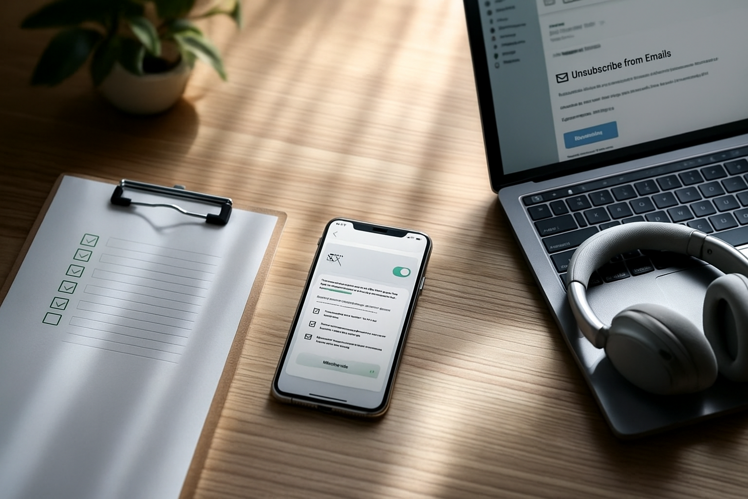 “静かな運用”テンプレを象徴：通知オフのスマホ、メール停止の下書きを表示したノートPC、チェックリストのクリップボードとカレンダー（6:4 横長）