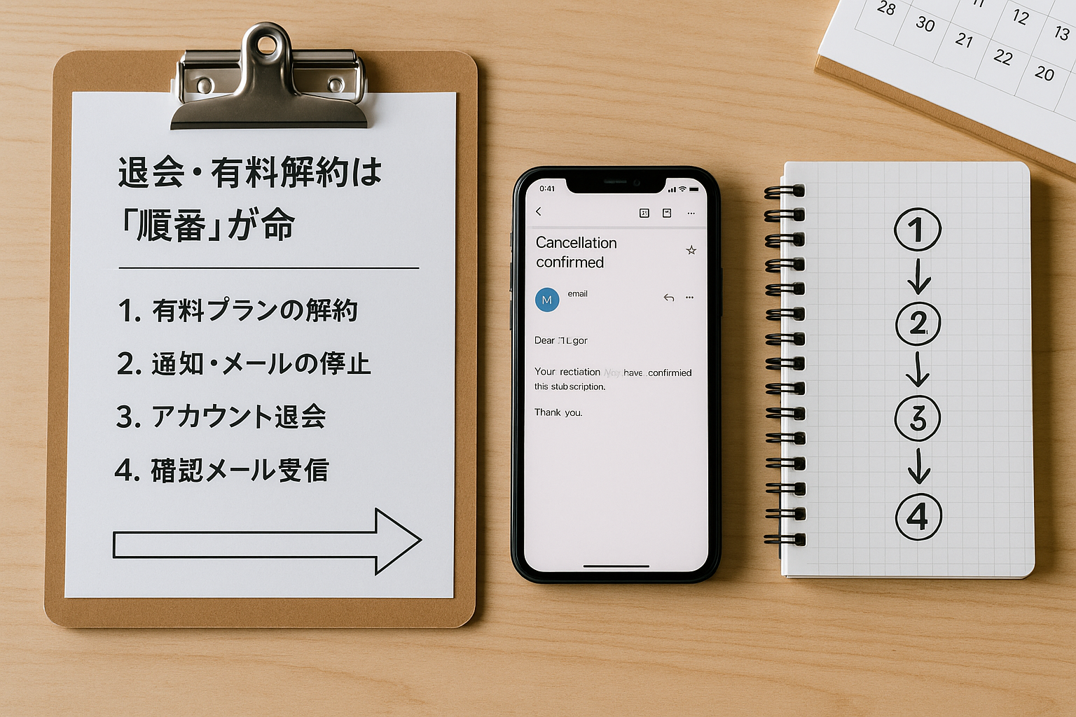 退会・有料解約の標準手順：チェックリストのクリップボード、設定中のスマホ、確認メールを表示したノートPCが並ぶ俯瞰ワークスペース（6:4 横長）