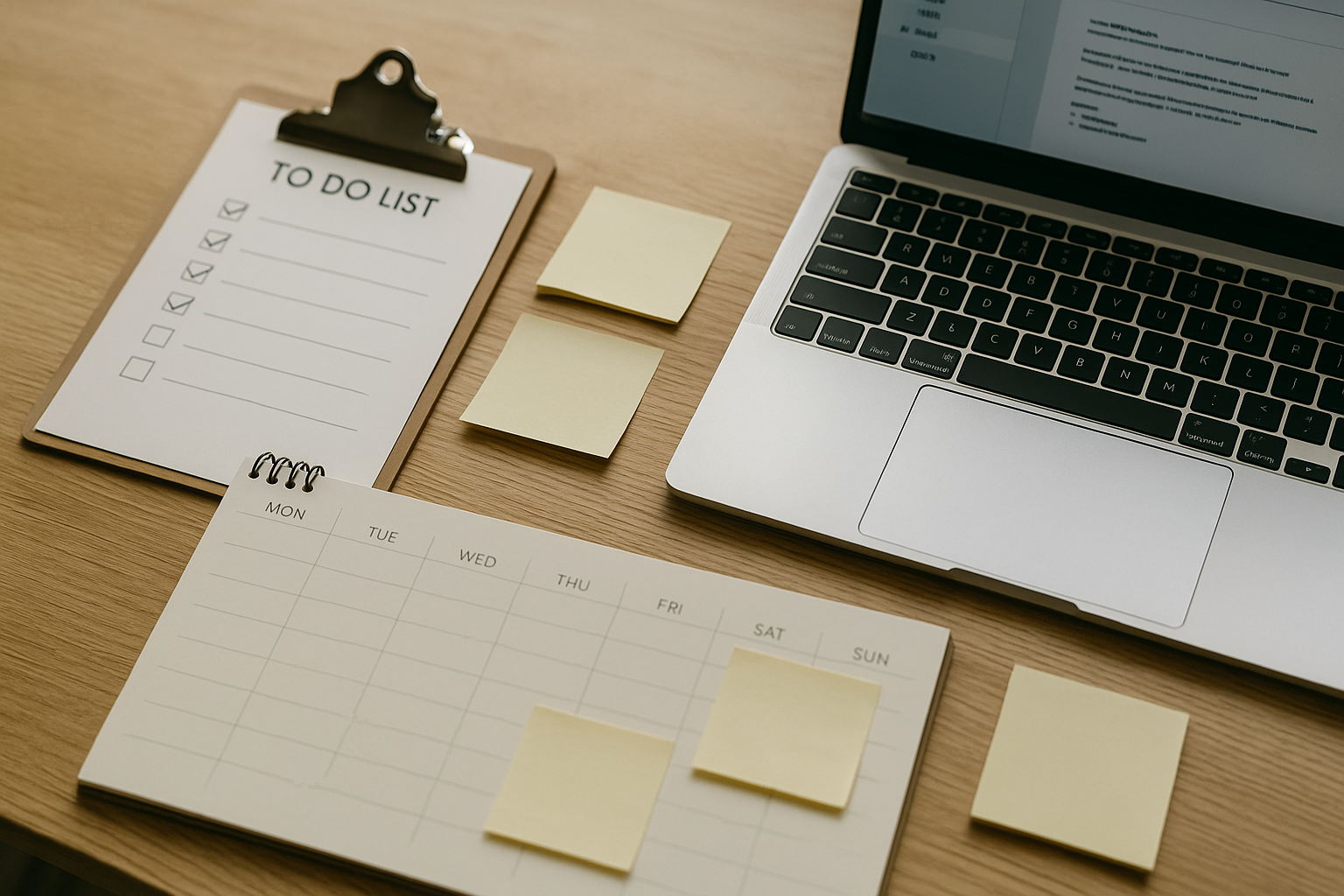 “合法の効率化”を象徴：週間プランナー、タイマー、チェックリスト、ノートPCが並ぶ俯瞰ワークスペース（6:4 横長）