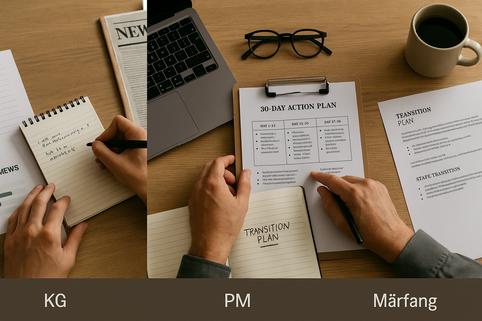 三景のケーススタディを象徴する横長トリプティク：左＝若手の学習ログとメモ／中＝PMの炎上対処プラン／右＝50代の継承・移行のチェックリスト（6:4 横長）