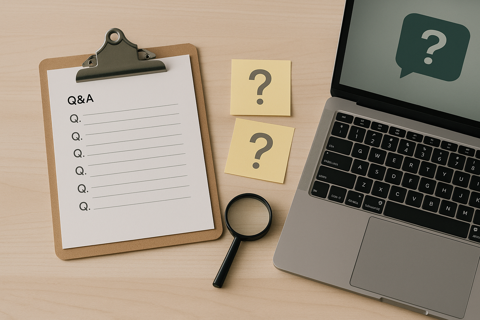 FAQ/トラブル対応の象徴：Q&A用クリップボード、疑問符の付箋、ヘルプ画面のノートPC、ルーペが並ぶ俯瞰ワークスペース（6:4 横長）