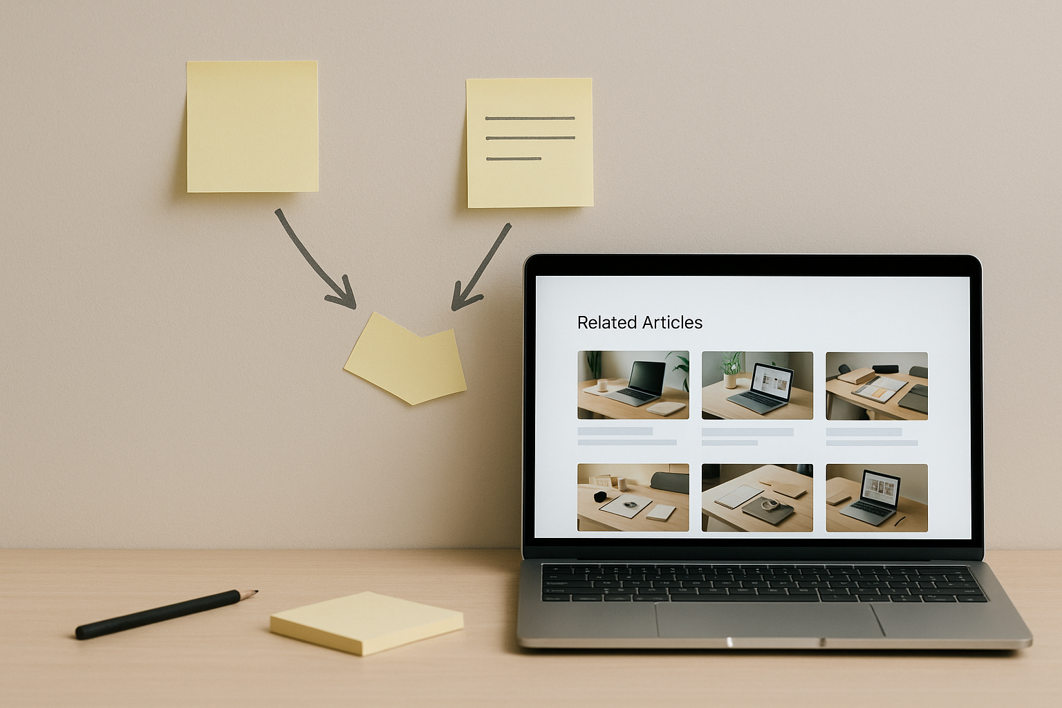 関連記事ナビ：カード状のリンク一覧、チェックリスト、ノートPCと本が並ぶ落ち着いたワークスペース（6:4 横長）