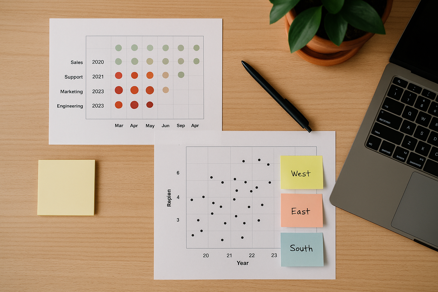 口コミを“点”ではなく“分布”で読むことを示す俯瞰ワークスペース写真(横長・4:6)