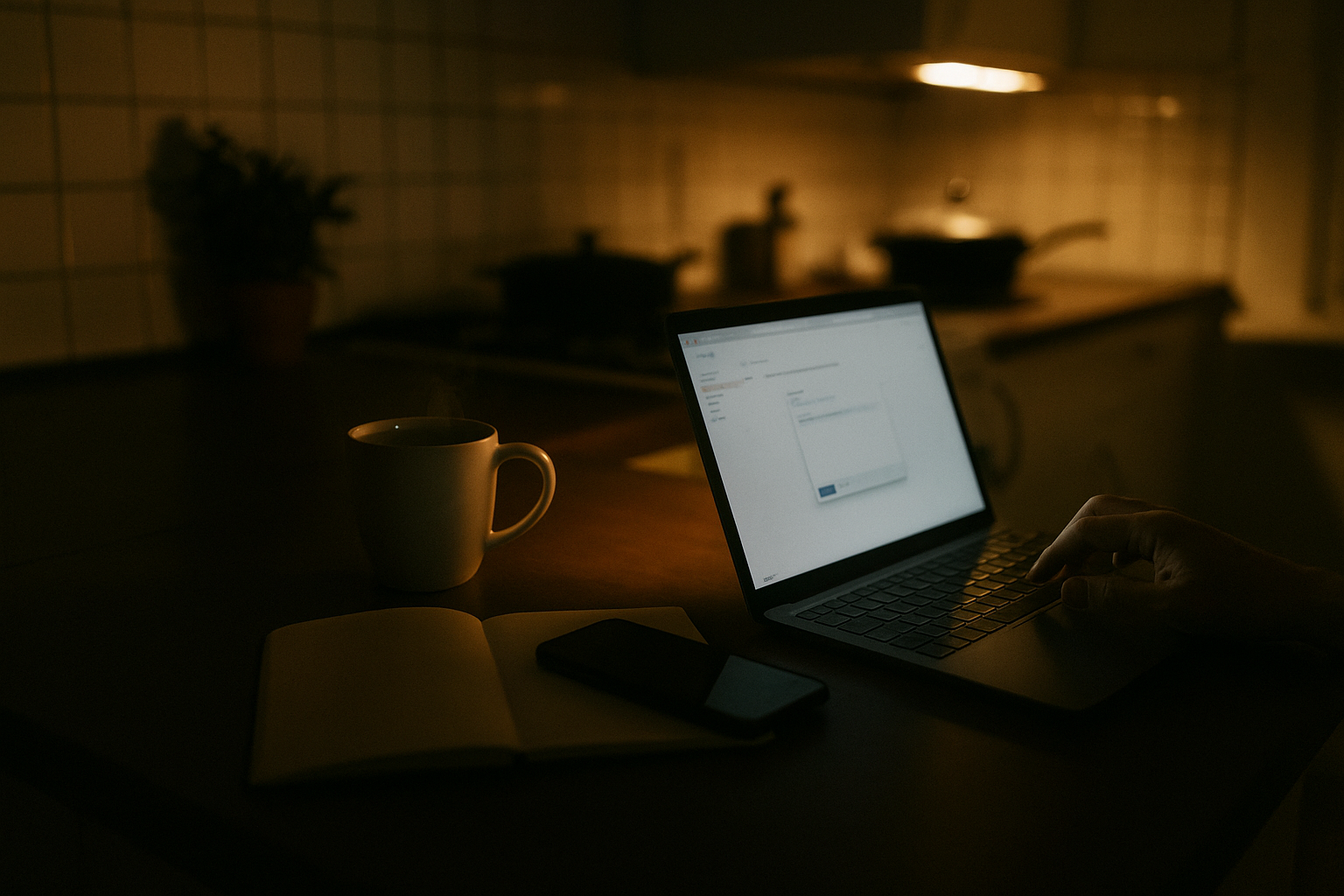 夜更けのキッチンで、湯気のマグとスマホ、送信前の投稿フォームを開いたノートPC――『夜更けの送信ボタンの前で』を象徴する写真（横長）