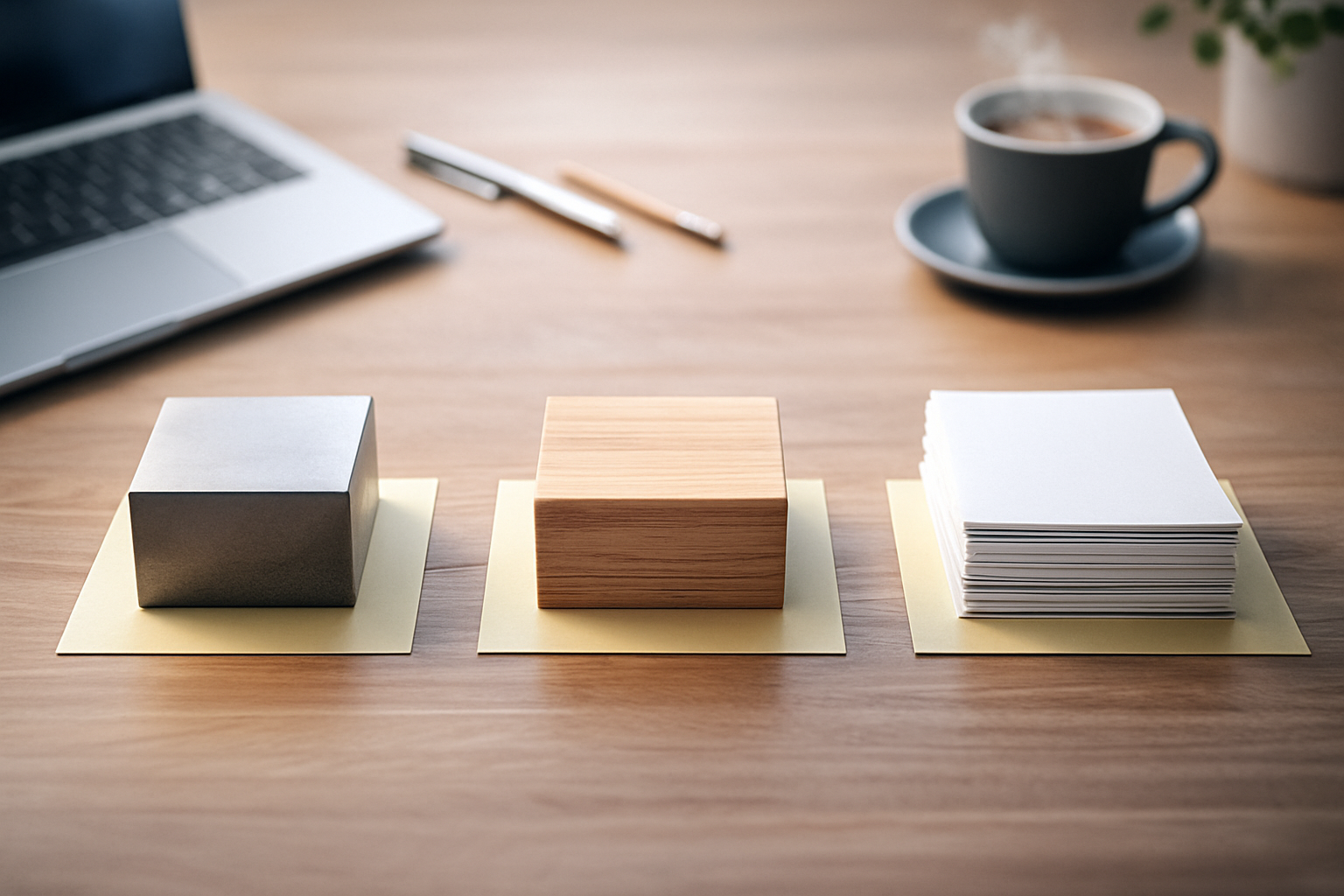 木のデスクに金属ブロック・木のブロック・紙の束が横一列に並ぶ。事実＝鉛、感想＝木、推測＝紙という比重のたとえを静かに示す横長写真