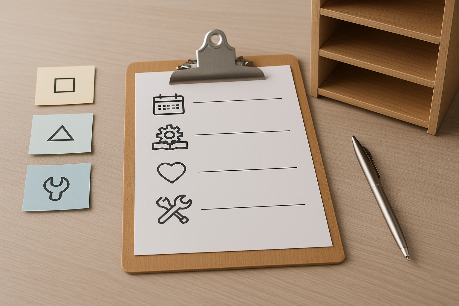 木の机に置かれたクリップボードと4つのアイコン（カレンダー＝事実、歯車と本＝文脈、ハート＝感想、レンチ＝改善）。横に三段の小さな棚とペン。文章を構造化して書くことを象徴する横長写真