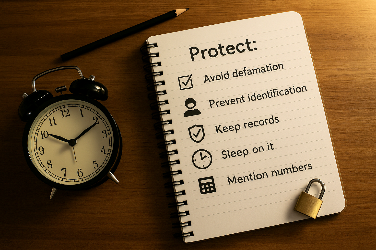 木のデスクに開いたノートとチェックリスト、アナログ時計、南京錠、黒い鉛筆。『断定しない／特定回避／時系列メモ／夜→朝／数字で冷却』の守りを象徴する横長写真