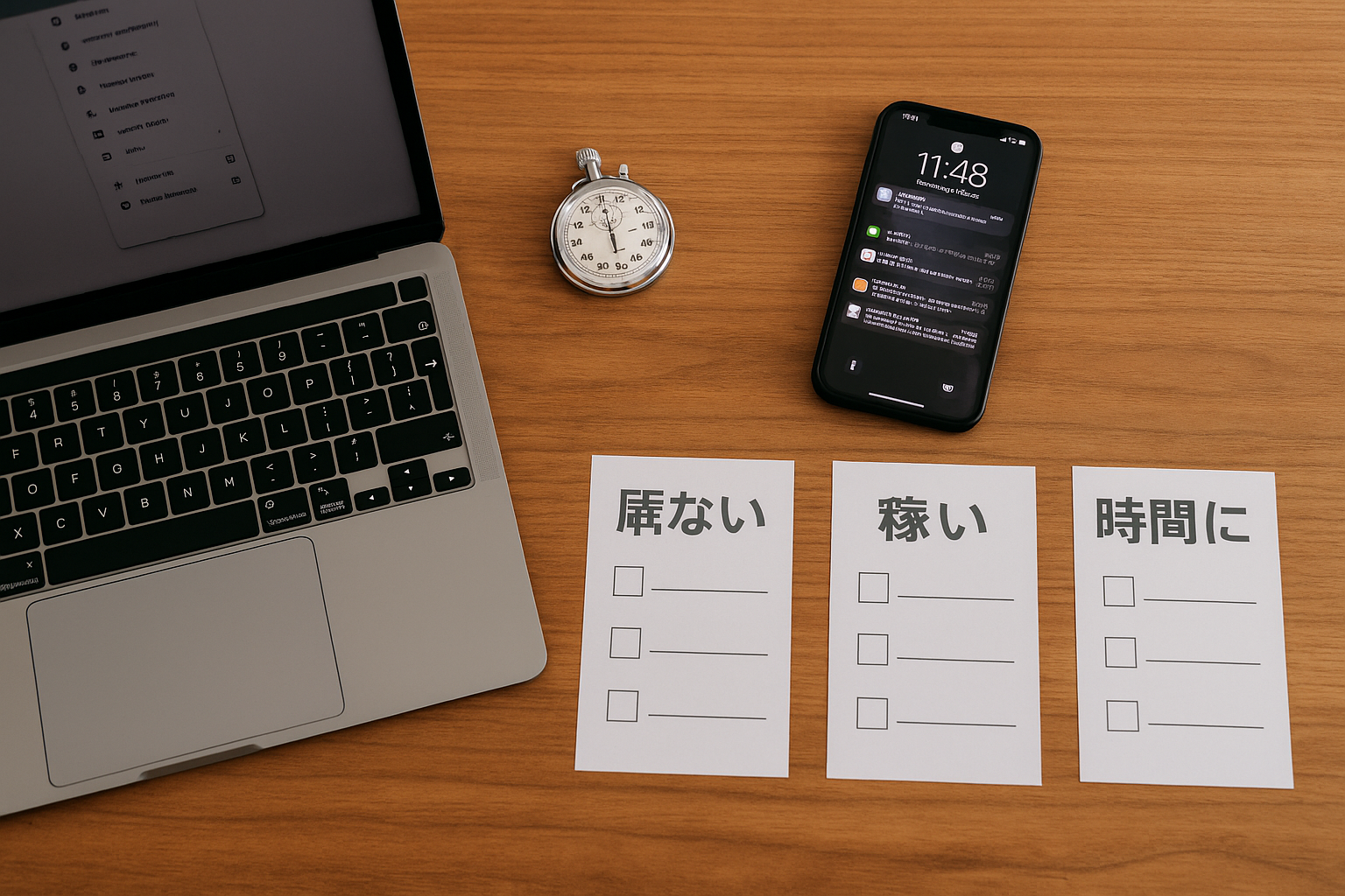 ノートPC・スマホ・ストップウォッチ・3枚のチェックリストが整然と並ぶワークスペース。『見れない・高い・時間がない』に対処する“運用の三術”を象徴する横長写真（6:4）