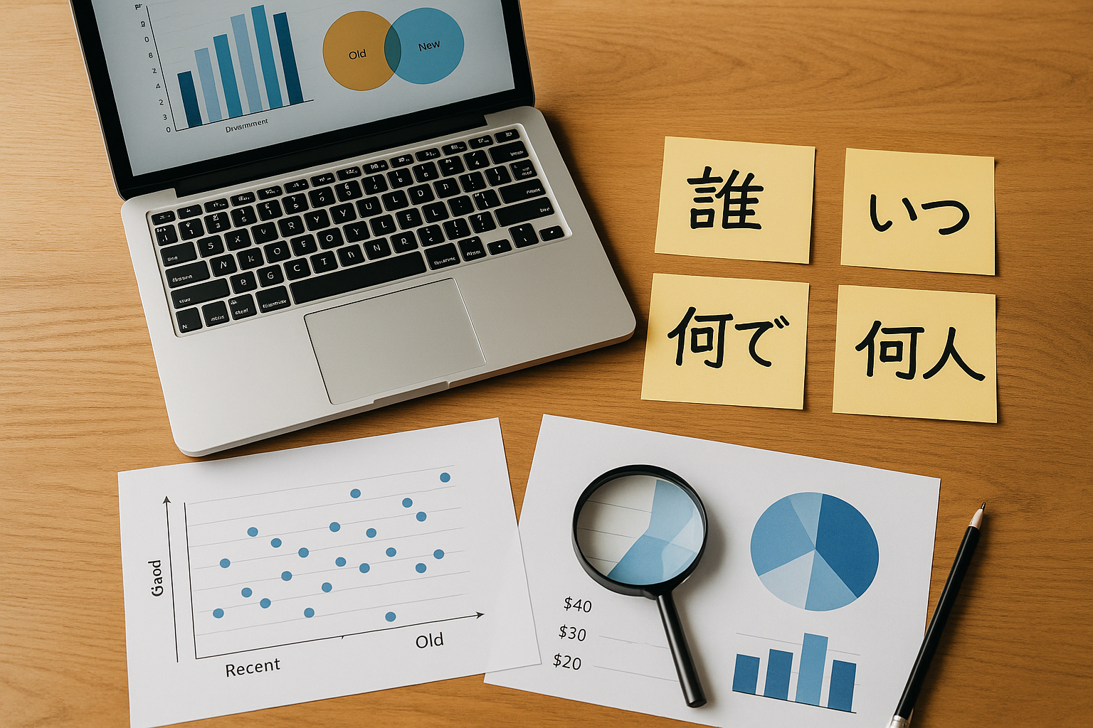 木のデスクにノートPC、分布グラフとベン図のプリント、虫眼鏡、そして『誰・いつ・何で・何人』の付箋。口コミを“分布・矛盾・翻訳”で読むことを象徴する横長写真（6:4）