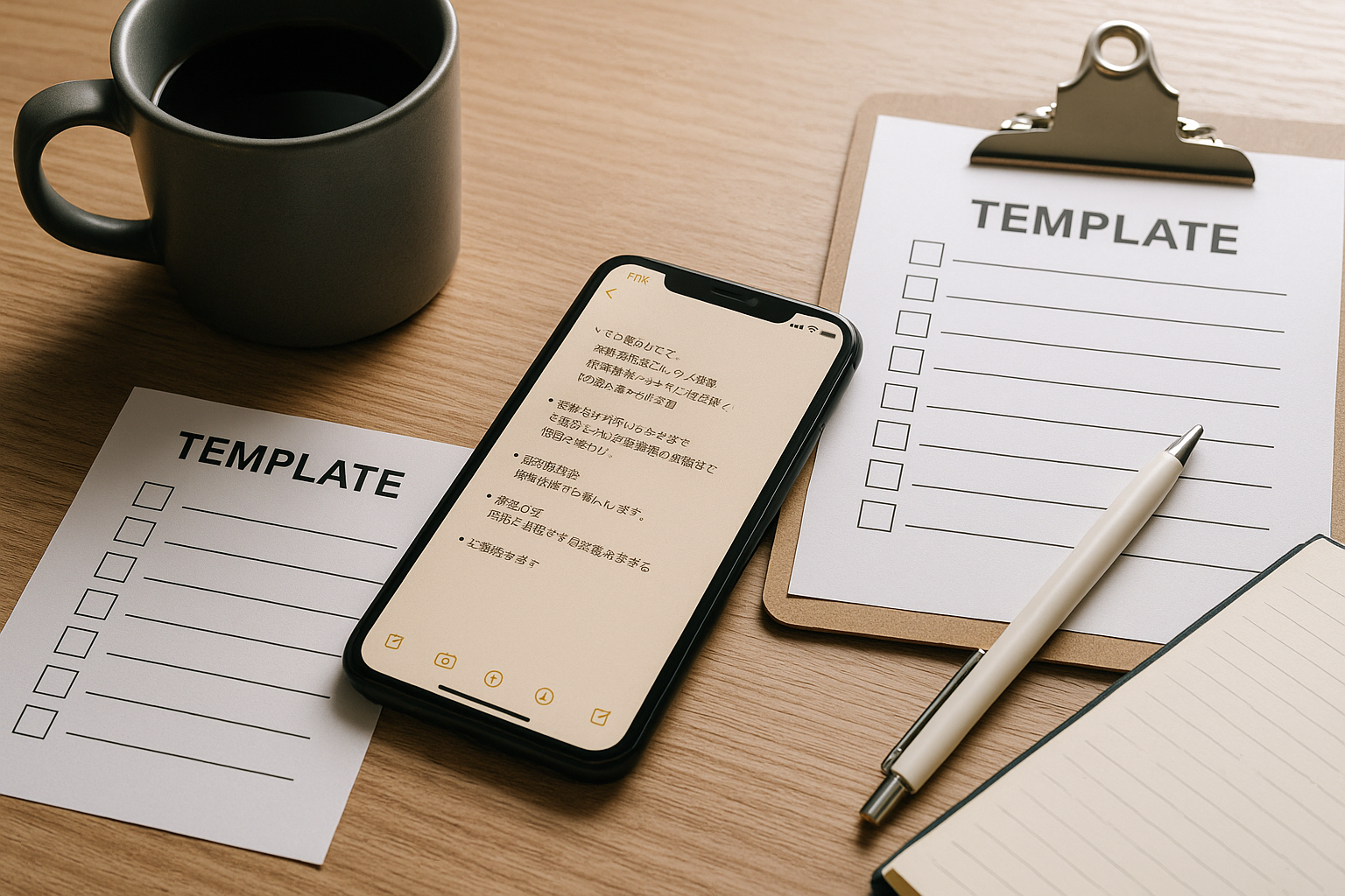 テンプレをスマホに保存し、チェックリストやクリップボードと並べた横長のワークスペース写真（6:4）—『書く・直す・守る』のテンプレ運用を象徴
