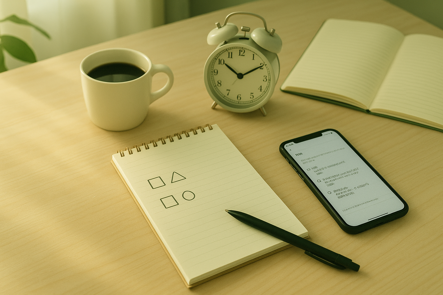 朝の静かなワークスペース。コーヒー、アラーム時計、ノート、スマホ、そして□△○のメモとペンが並ぶ──『下書き→朝に整形→送信』の三拍子を象徴する横長写真