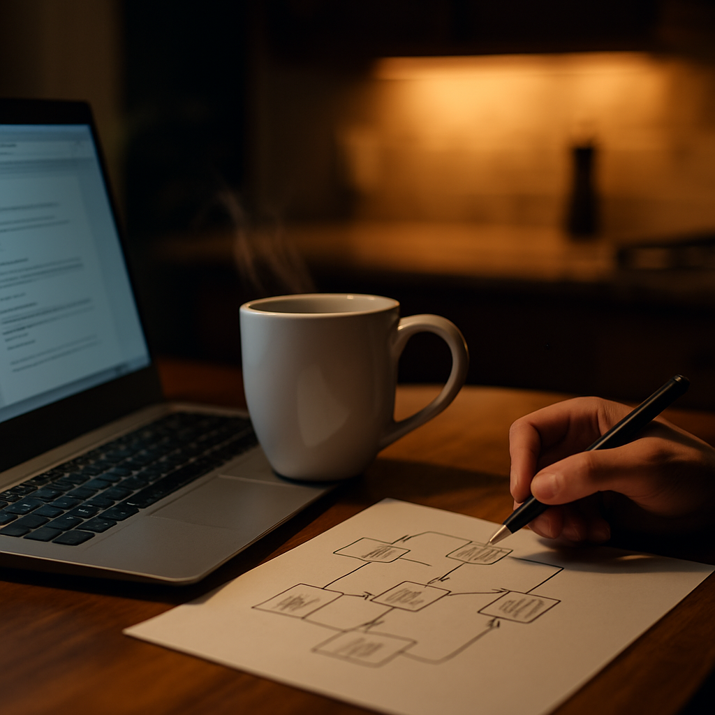 夜のキッチンのテーブルに置かれたノートPCと湯気の立つマグ、手描きの矢印でつながるメモにペンを走らせる手——“地図を言葉に翻訳する”準備の情景(6:4 横長)