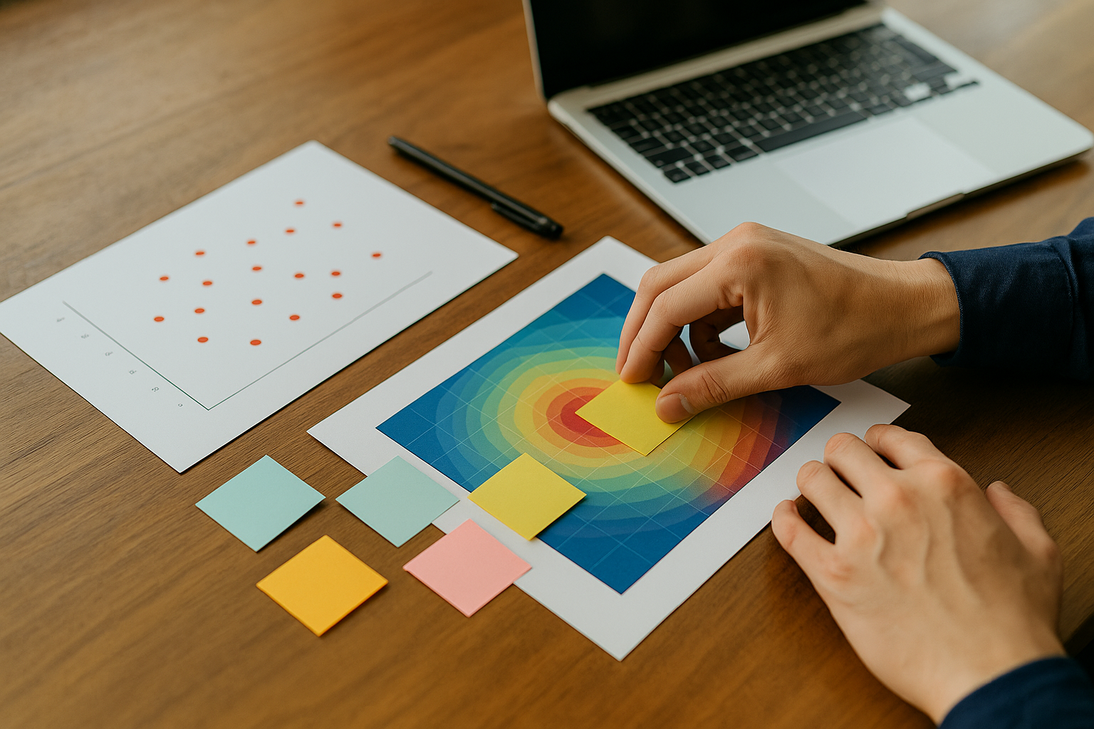 木のデスクに広げたプリントの口コミメモを、部署・職種・地域で色分け付箋に並べ替える手元。左に点が散らばる紙、右に分布グラフとチェックリスト、ノートPCと細いペン——“点の恐怖”を“分布の輪郭”へ翻訳する情景(6:4 横長)