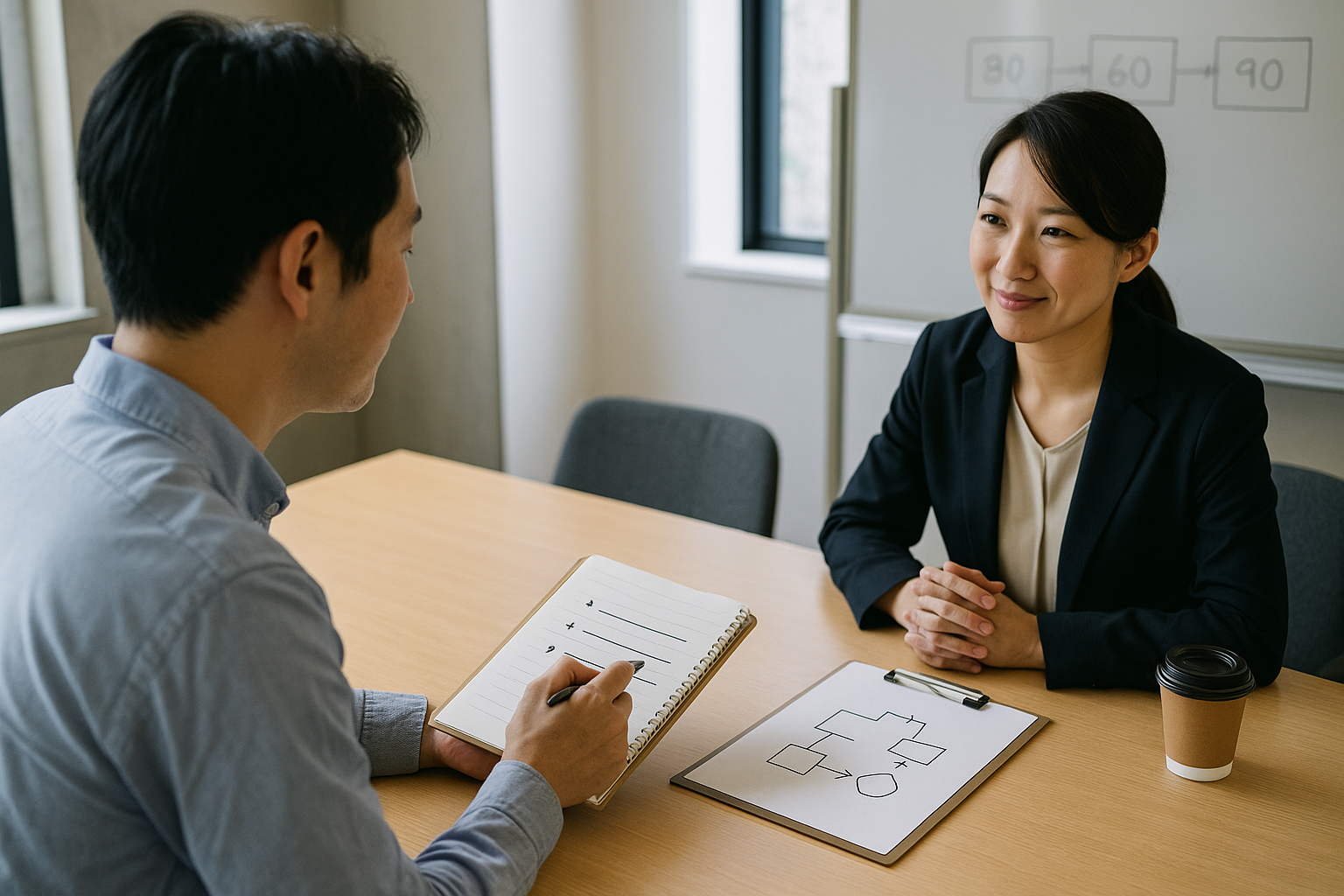 面接室で穏やかに対話する二人—ノートとクリップボードが置かれたテーブル、自然光、6:4横長