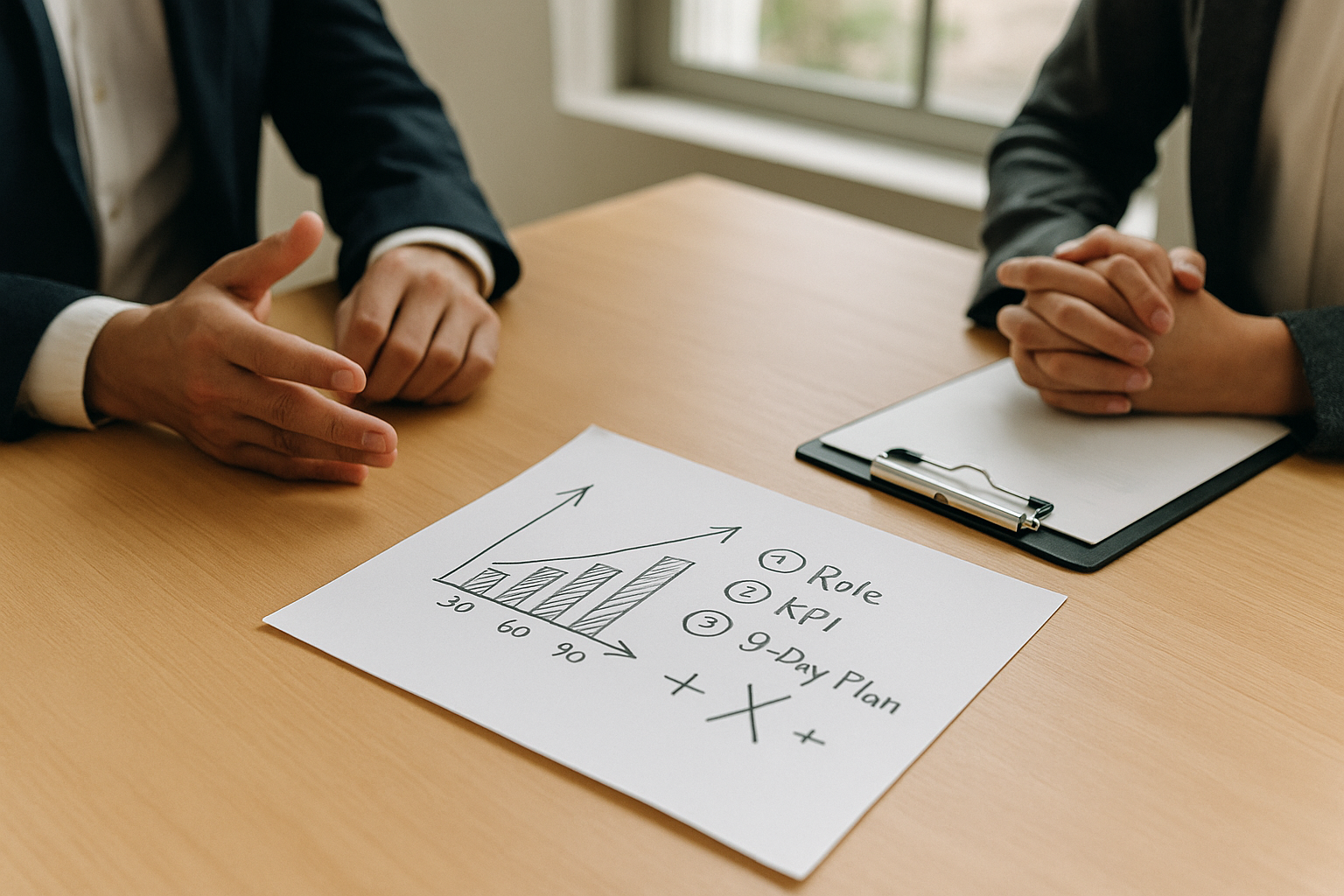 年収交渉の場面—手描きの90日プラン(役割・KPI・30/60/90)をテーブル中央に置き、二人が静かに合意を詰めている情景(6:4横長)