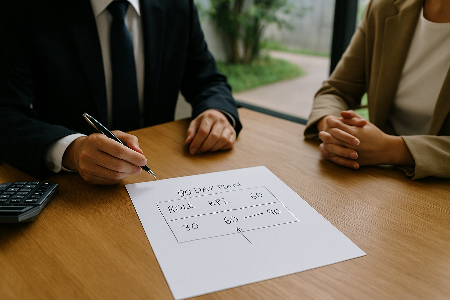 年収交渉の場面—テーブル中央のA4用紙に手描きの90日プラン(役割・KPI・30/60/90)。二人が静かに合意を詰めている情景(6:4横長)