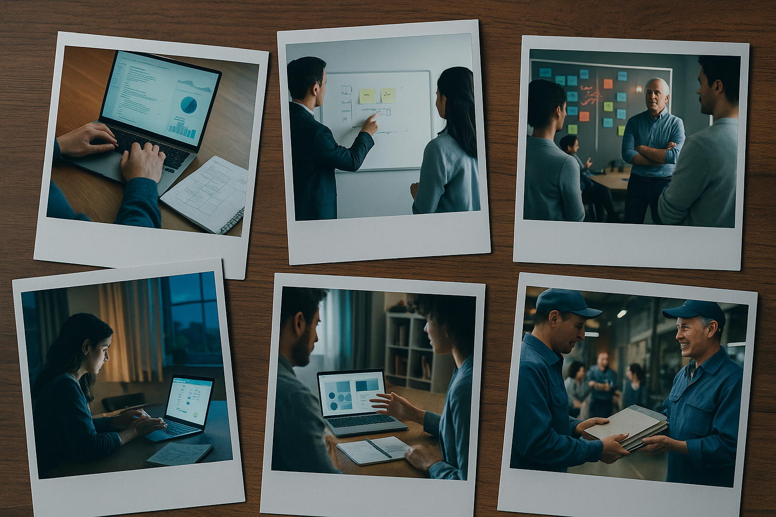 六つのポラロイド風写真のコラージュ—SQL学習、ホワイトボードでの打合せ、マネージャーのレビュー、夜の在宅作業、ポートフォリオ説明、製造現場での引継ぎ(6:4横長)