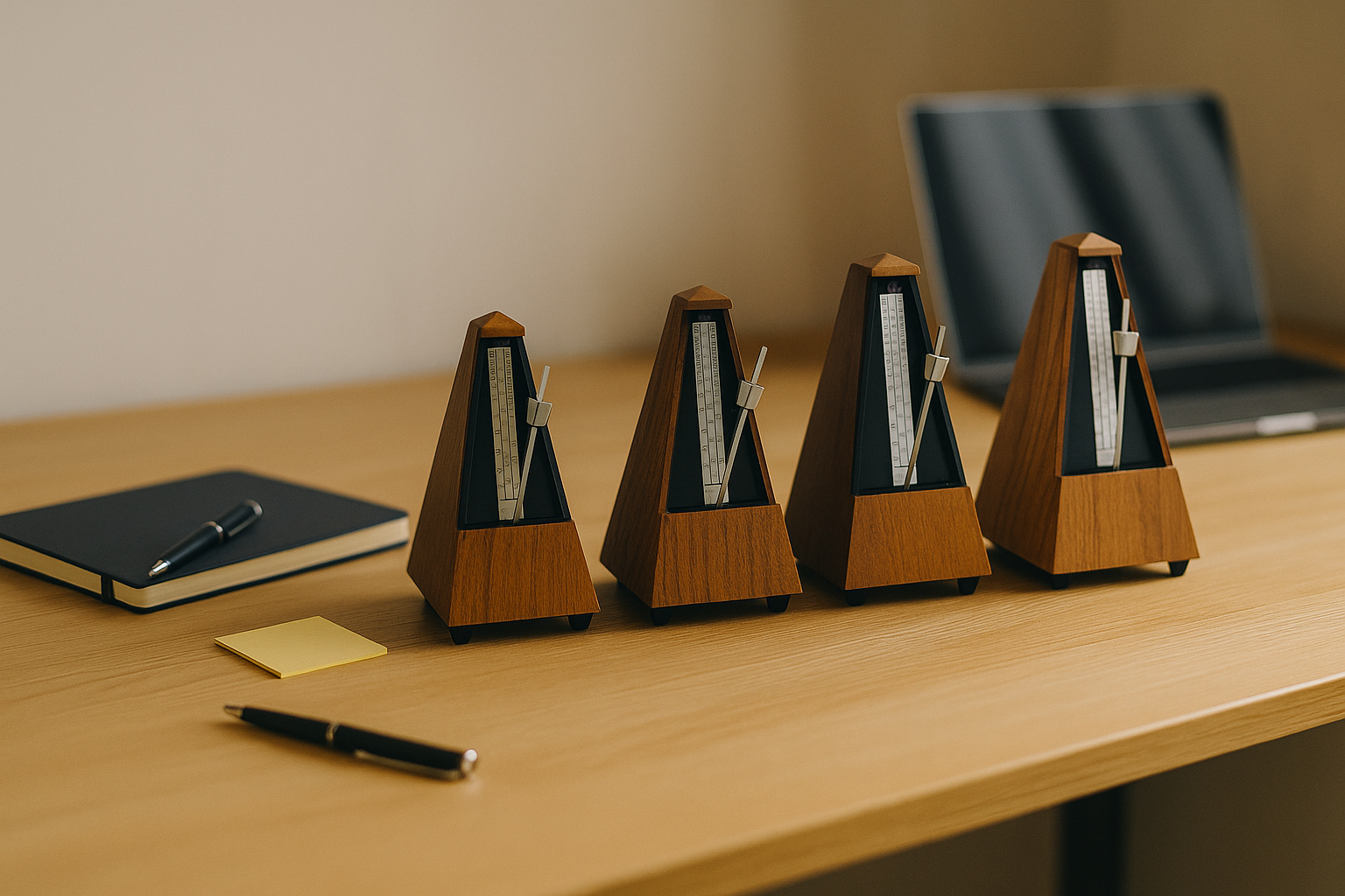 木製メトロノームが4台並ぶワークスペース—年代・状況ごとに“言い方の速度”を合わせるイメージ(6:4横長)