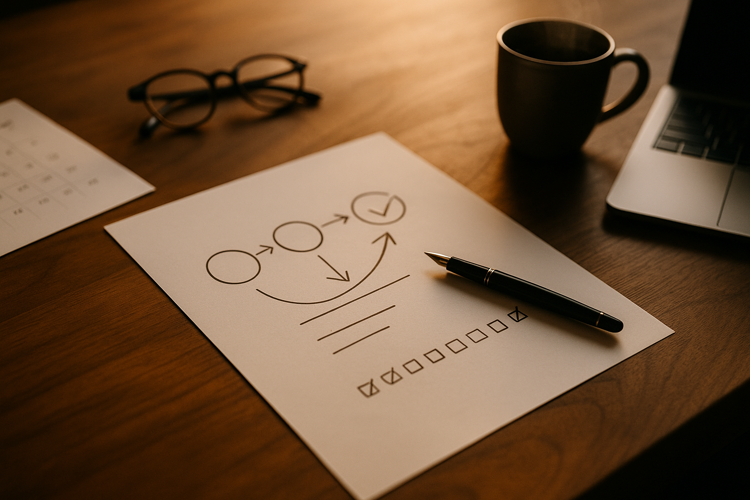 親心の結び――静かな夜のワークスペース(ノートPC、ペン、湯気のマグカップ、柔らかな自然光)を俯瞰した6:4の横長写真