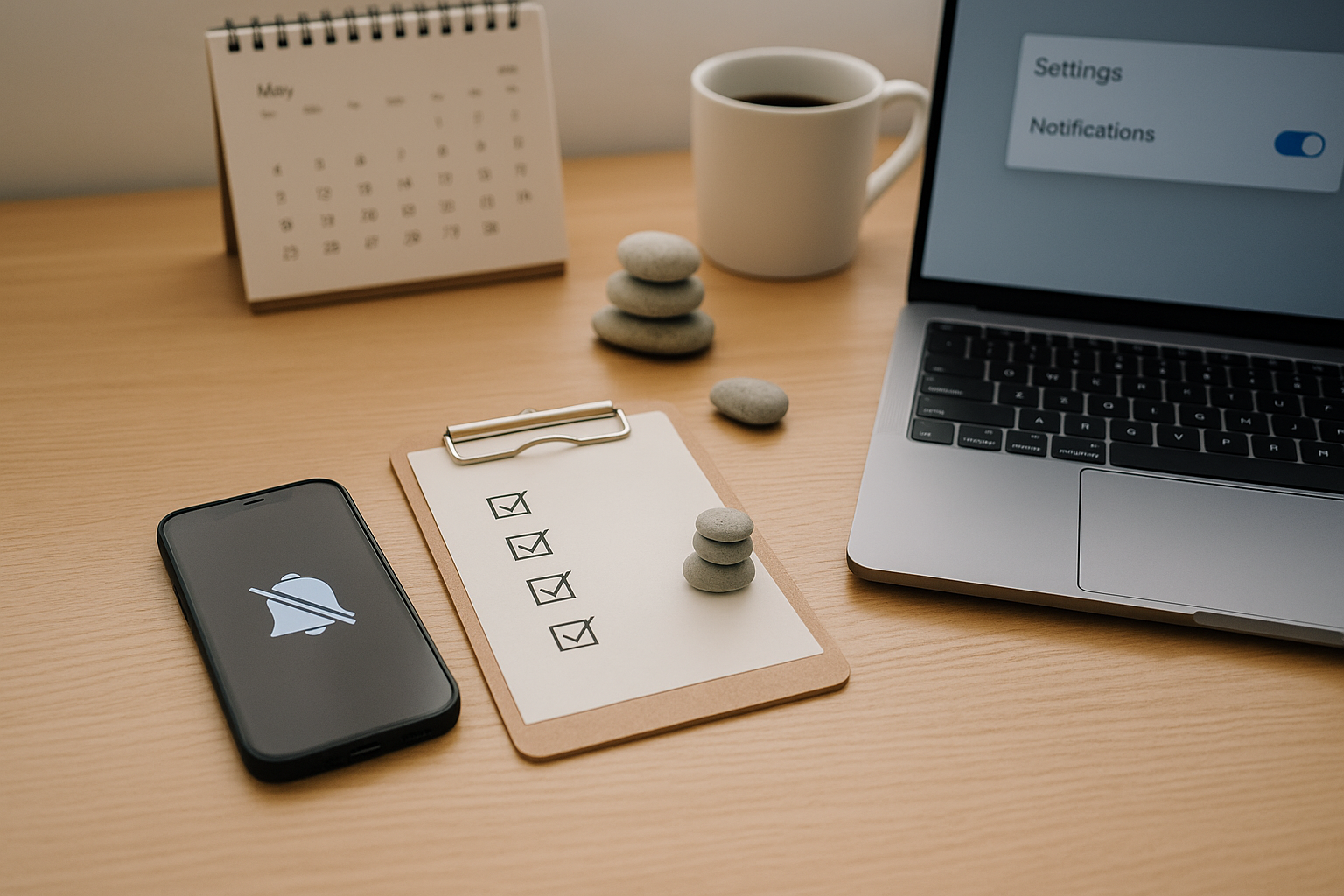 解約→停止→退会→確認の順番を象徴する机上のスマホとチェックリスト（6:4 横長）