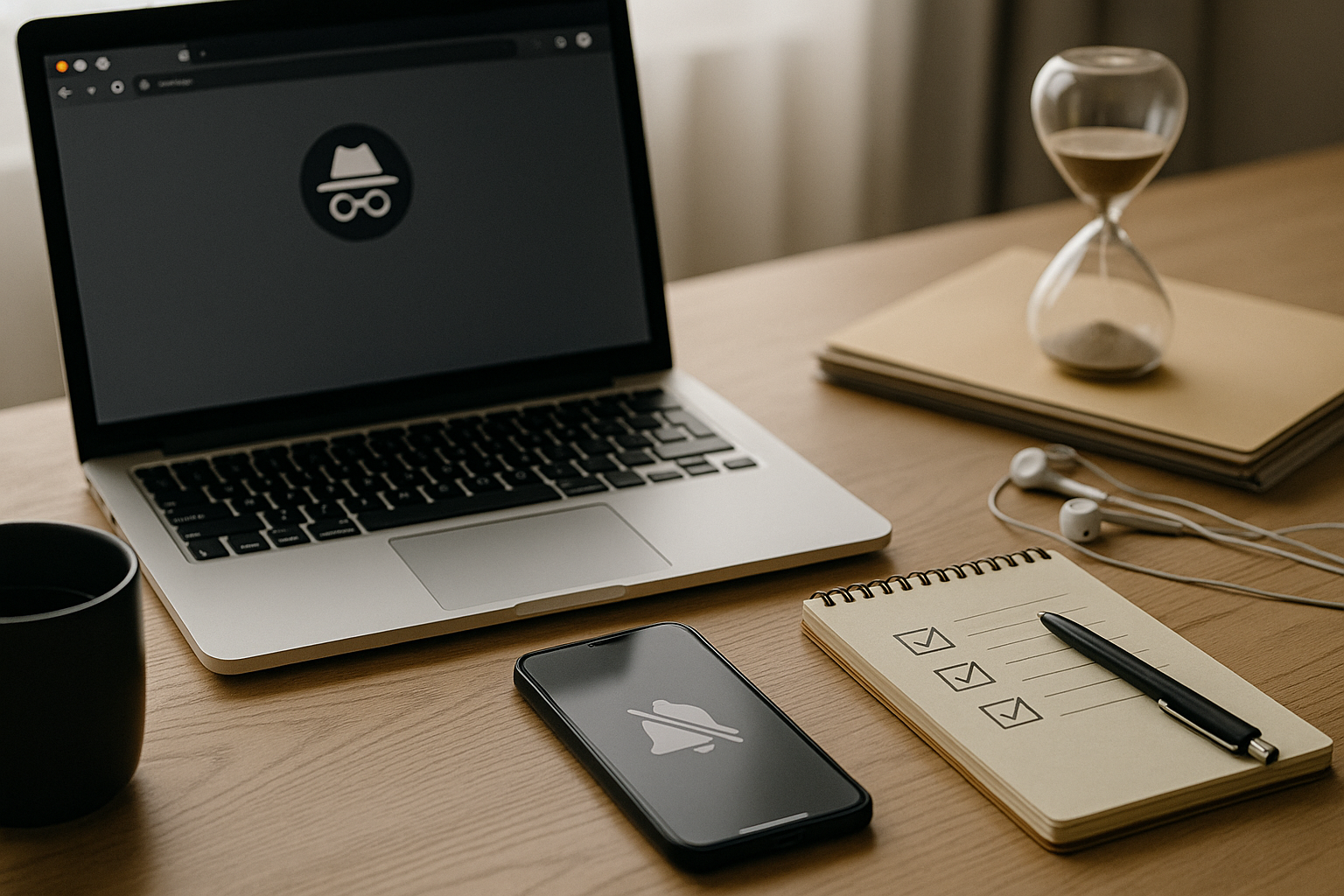『見れない・高い・電話止まらない』を整える5分メニューを象徴するデスク上のPC・スマホ・チェックリスト（6:4 横長）