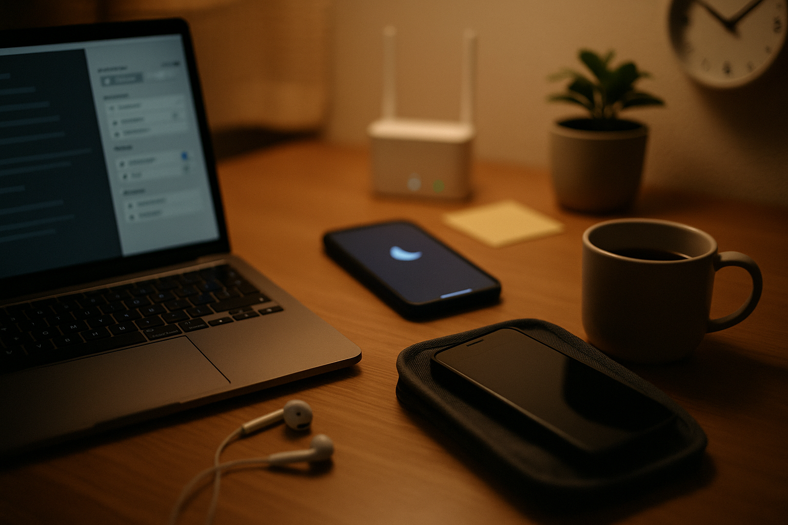 私物スマホ・通知オフ画面・ノートPCでプロフィールを役割×KPI表現に直す手元――『端末分離・通知管理・におい消し』の三重ガードを象徴する横長写真（6:4）