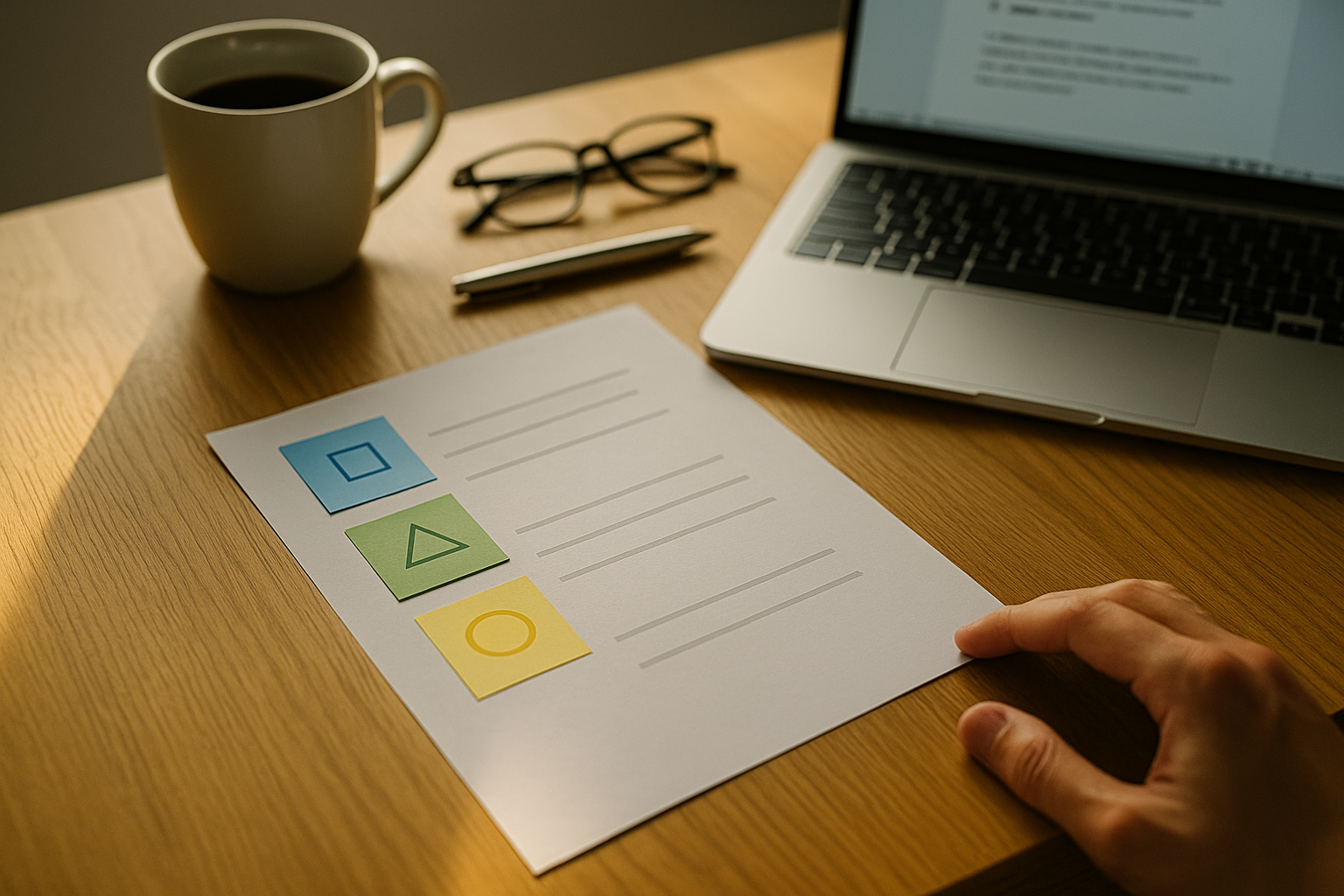 会議に持ち込める口コミの三層（□事実・△文脈・○感想）を整理するワークスペースの写真（6:4横長）