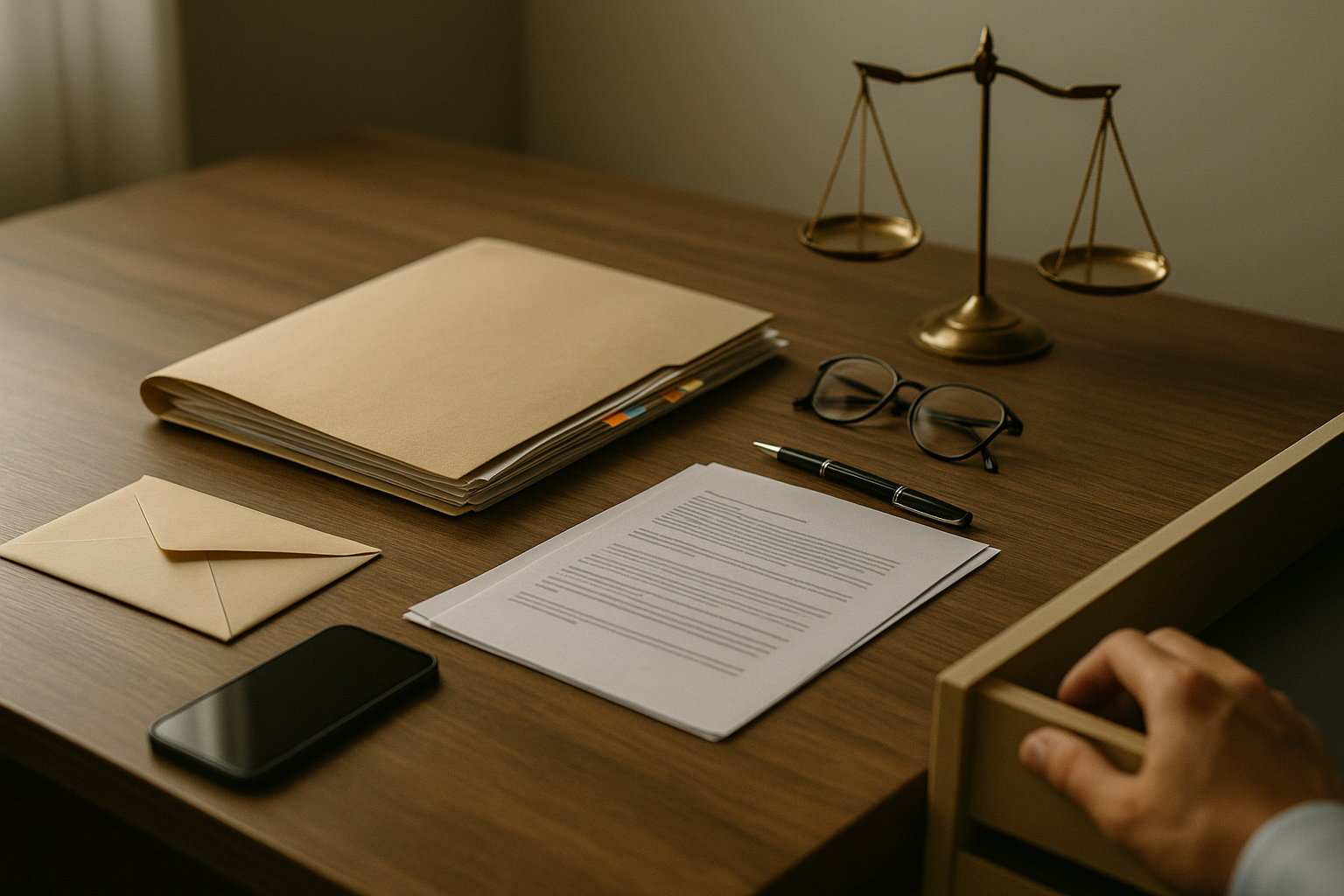 開示請求を最後のカードとして慎重に検討する静かなデスク風景（封筒・書類・ペン・落ち着いた自然光／6:4）