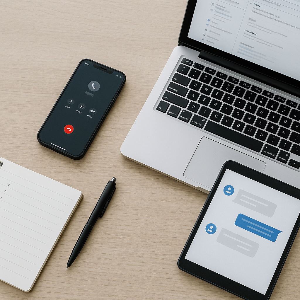電話・メール・チャットに合わせて言葉の速度を変えることを象徴する、スマホ（通話）・PC（メール）・タブレット（チャット）が並ぶ落ち着いたワークスペースの横長写真（6:4）