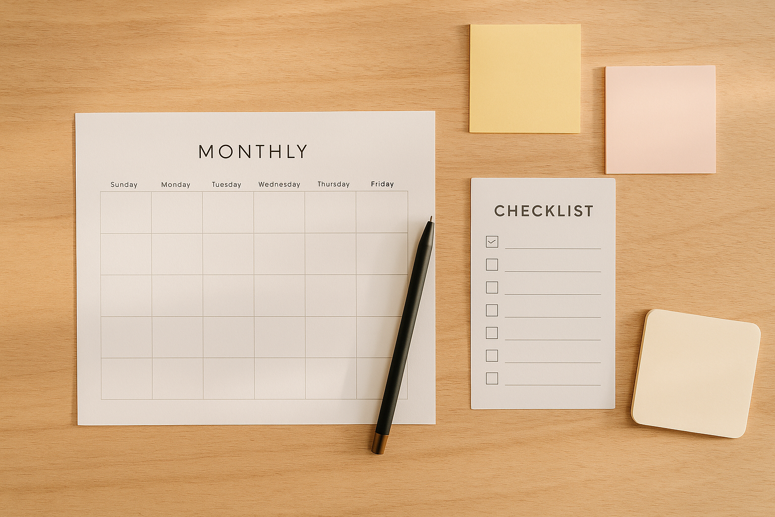 メモ・付箋・カレンダーとペンが置かれたデスクの俯瞰（家族会議・肩書き翻訳・90日像の下ごしらえを連想）