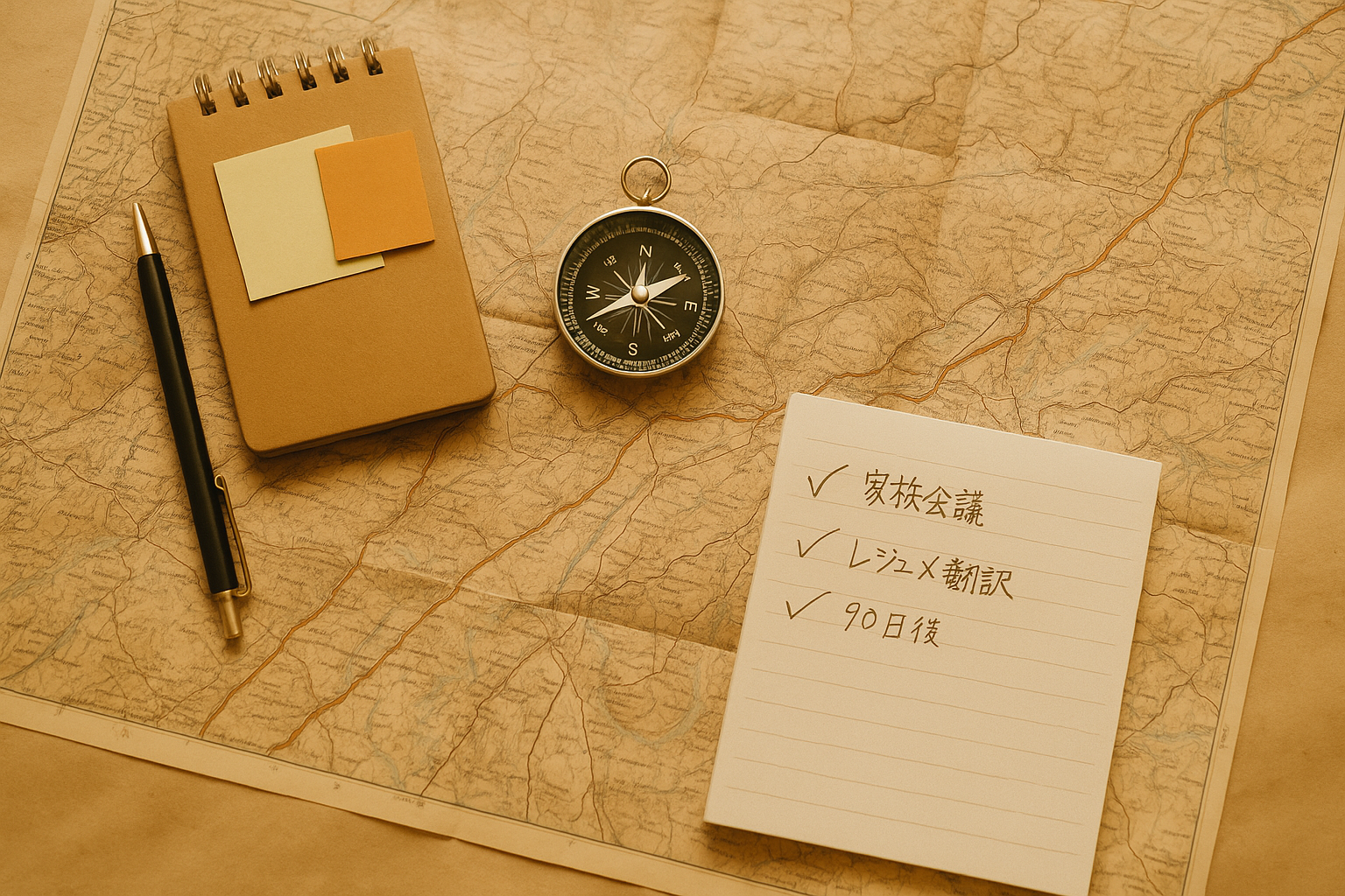 地図・コンパス・ノートPC・進路ラインが置かれたデスクの俯瞰（役割の幅・再現性・信頼の“地形図”イメージ）