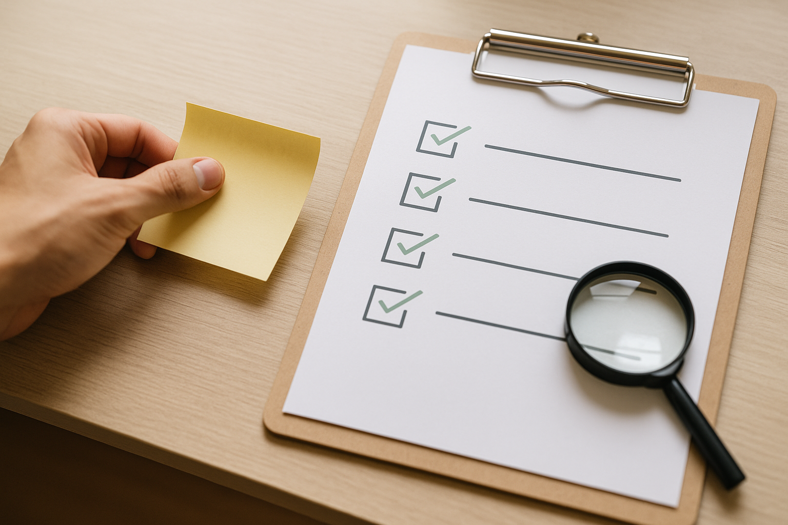 付箋を剥がす手とチェックリスト、ルーペが置かれたデスクの俯瞰（思い込みを外すイメージ、文字なし）