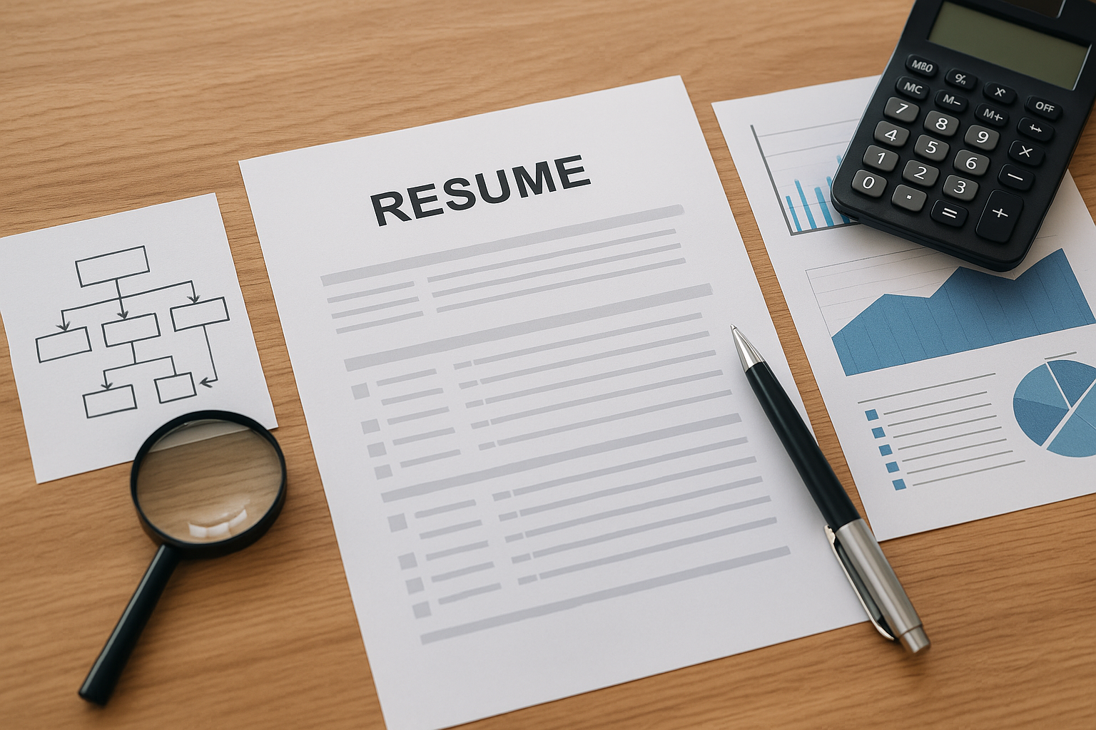 履歴書（文字なしのレイアウト）・組織図カード・P/Lグラフと電卓・ペンが並ぶ俯瞰写真（P/L×組織影響×CFのイメージ）