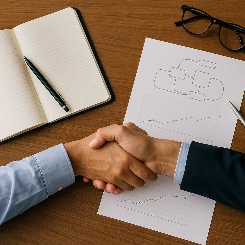 会議テーブルの俯瞰。ノートとペン、握手する手元（利害調整・意思決定・後継育成のイメージ、文字なし）