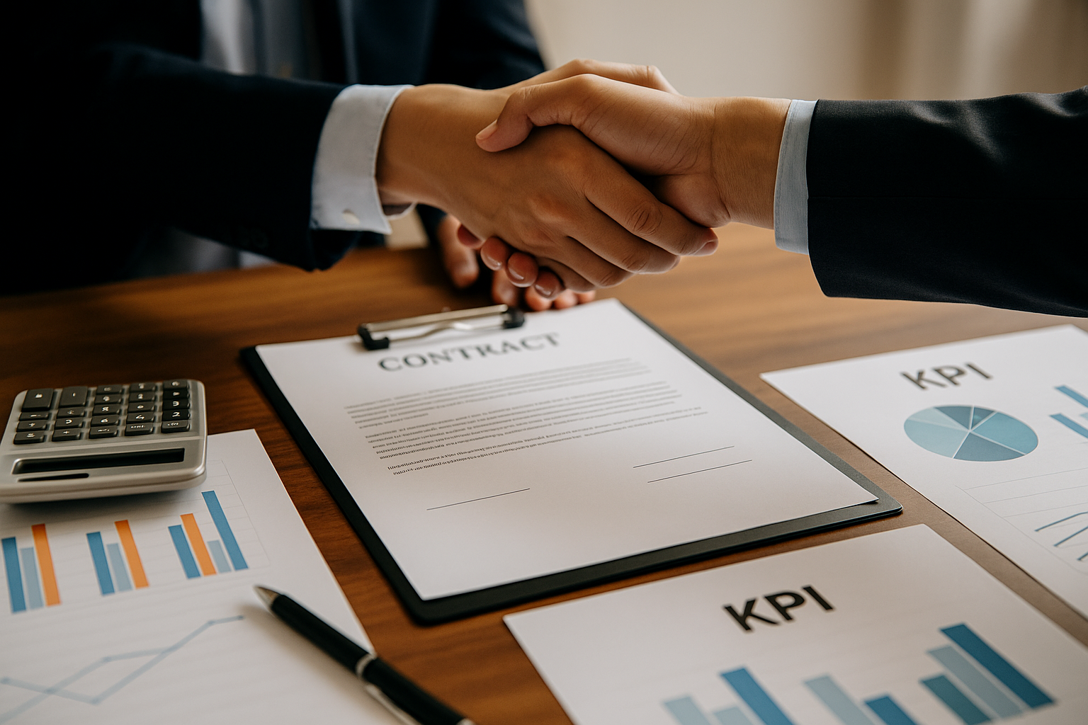 契約書・KPIグラフ・電卓が置かれたデスクで握手する手元（年収交渉のイメージ、文字なし）