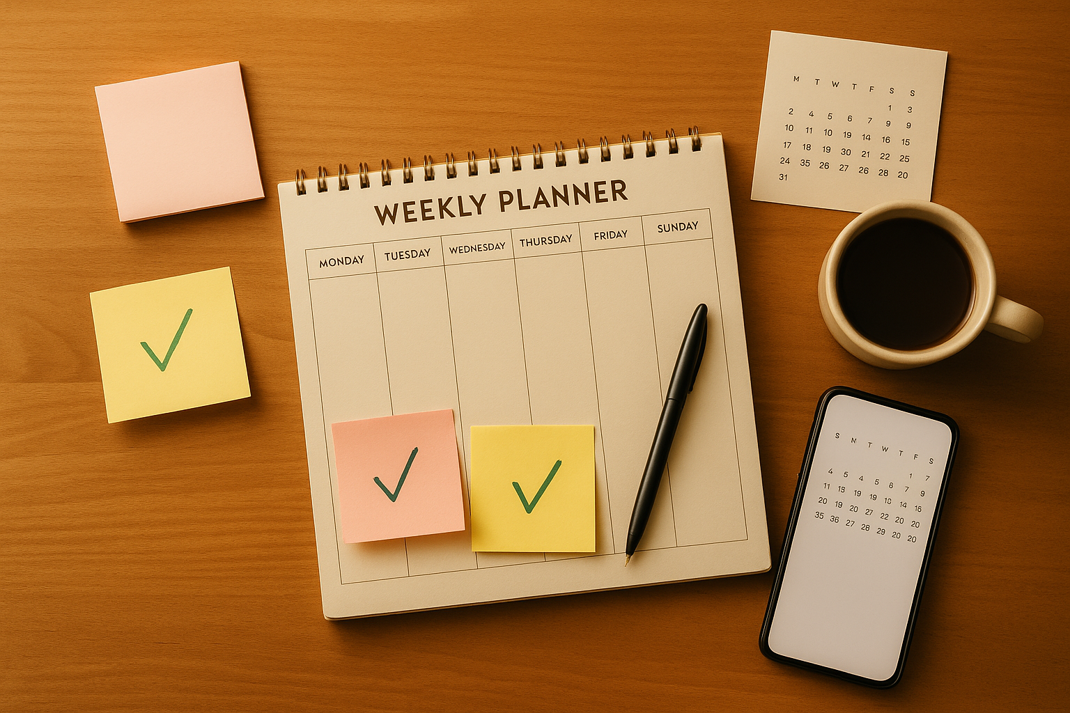 ウィークリープランナーと付箋・チェックマーク・カレンダーの俯瞰写真（21日プランのイメージ、文字なし）