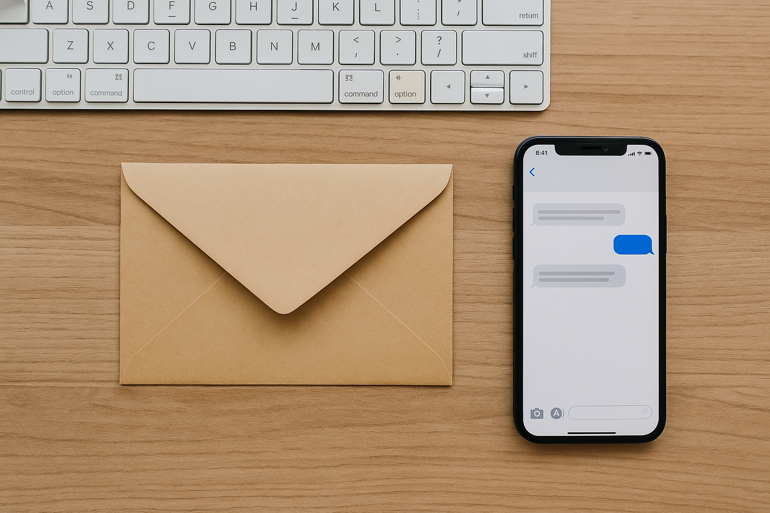キーボード・封筒・スマホのメッセージ画面の俯瞰写真（メール＆メッセージのテンプレ、文字なし）