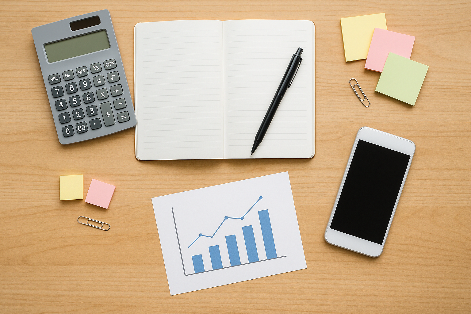 電卓・ノート・万年筆・付箋・簡易グラフが並ぶ木目デスクの俯瞰写真（数字がない時の拾い方／文字なし）