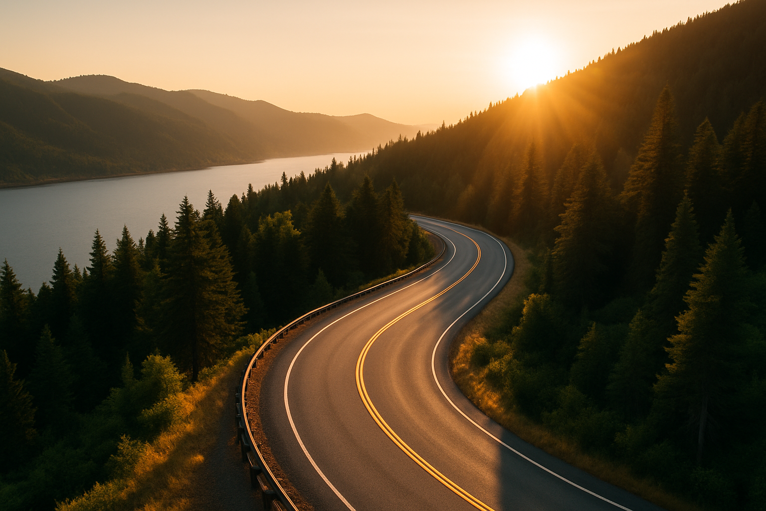 夕暮れの山道をカーブする道路の俯瞰写真（進路変更と前進のイメージ、文字なし）