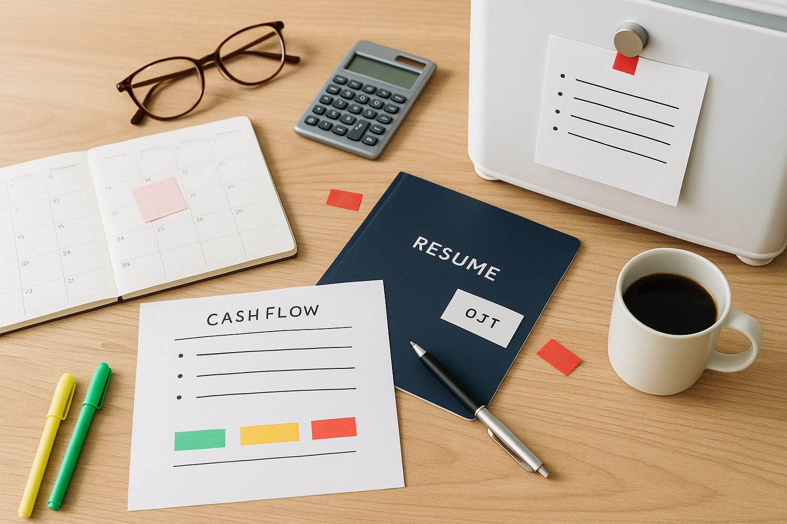 カレンダー・キャッシュフローメモ・履歴書・付箋が並ぶデスクの俯瞰写真（赤線づくり/3色CF/肩書き翻訳のイメージ、文字なし）
